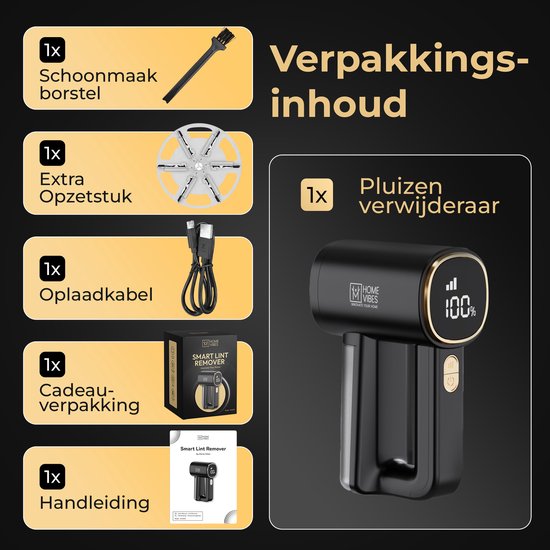 Home Vibes Pluizenverwijderaar – LED Display - Zwart/Goud