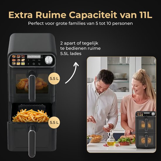 Home Vibes Airfryer – Gestapelde Lades - 11L - Mat Zwart