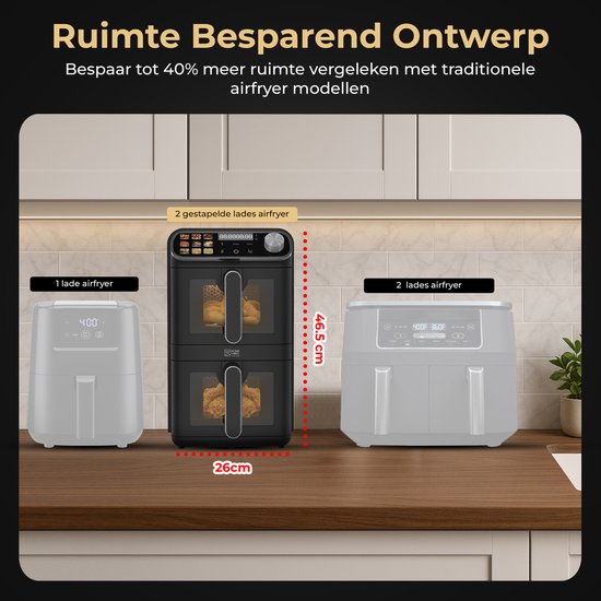 Home Vibes Airfryer – Gestapelde Lades - 11L - Mat Zwart