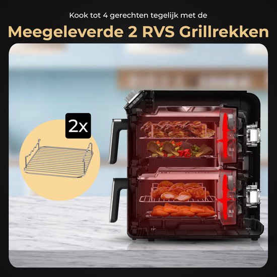 Home Vibes Airfryer – Gestapelde Lades - 11L - Mat Zwart