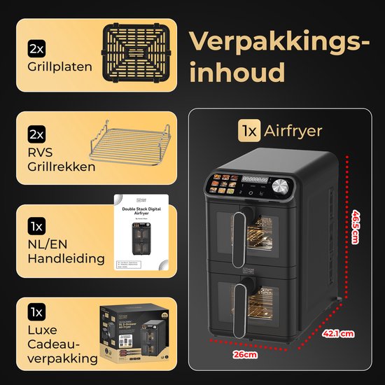 Home Vibes Airfryer – Gestapelde Lades - 11L - Mat Zwart