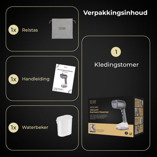 Home Vibes® Vacuüm Kledingstomer - Stoom en Zuigfunctie - Stoomapparaat Kleding - Handstomer – Kleding Stomer - 400ML Watertank – Steamer - Snel Opgewarmd - 1500W – Grijs