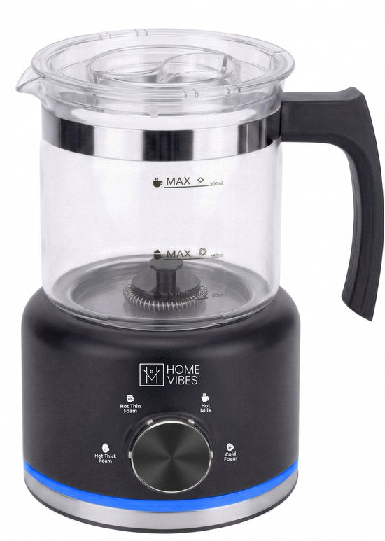 Home Vibes® Glazen Melkopschuimer - PFAS Vrij - Elektrische Melkschuimer - 4-in-1 Model - Milk Frother - 250/500ML - 600W - Met Schenktuit - Zwart