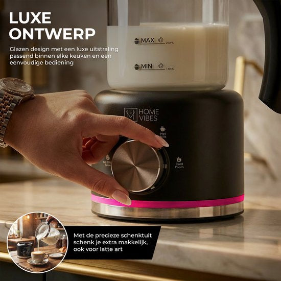 Home Vibes® Glazen Melkopschuimer - PFAS Vrij - Elektrische Melkschuimer - 4-in-1 Model - Milk Frother - 250/500ML - 600W - Met Schenktuit - Zwart