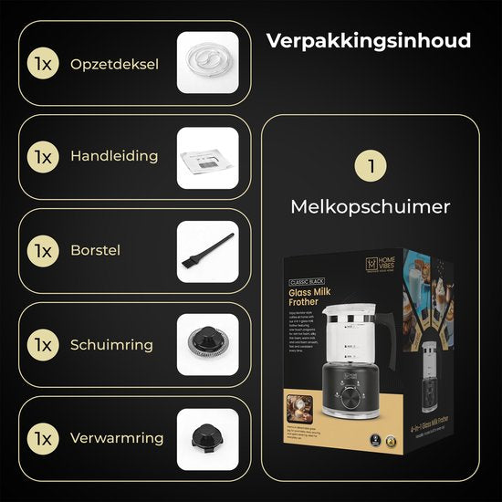 Home Vibes® Glazen Melkopschuimer - PFAS Vrij - Elektrische Melkschuimer - 4-in-1 Model - Milk Frother - 250/500ML - 600W - Met Schenktuit - Zwart