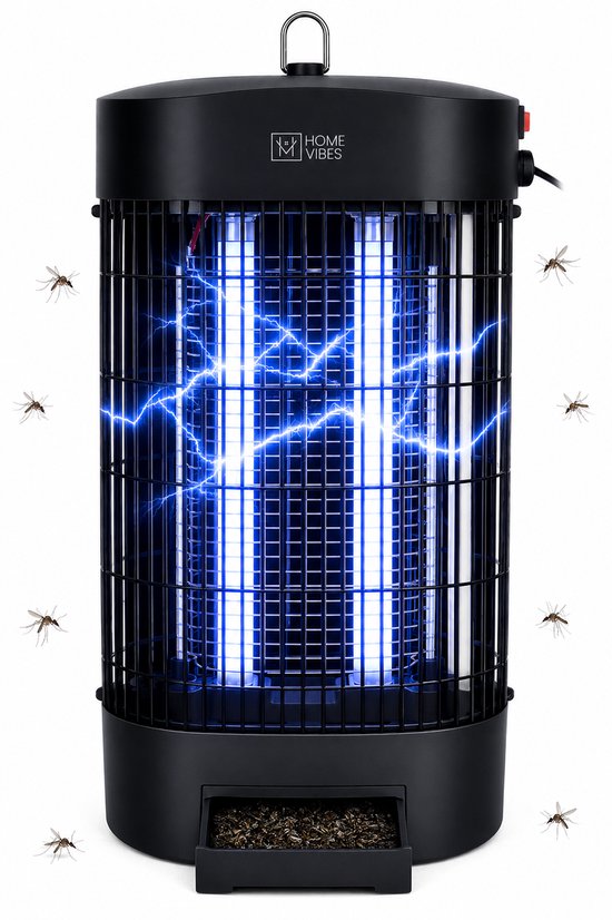 Home Vibes® Muggenlamp – 2500V - Elektrische Insectenlamp 50m² – Speciaal voor Binnen – Met Opvangbak – Moderne Vliegenlamp – Vliegenvanger - Ophangbaar - 9W – Aan/Uit Knop - Zwart