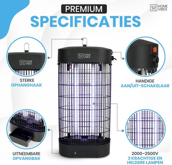 Home Vibes® Muggenlamp – 2500V - Elektrische Insectenlamp 50m² – Speciaal voor Binnen – Met Opvangbak – Moderne Vliegenlamp – Vliegenvanger - Ophangbaar - 9W – Aan/Uit Knop - Zwart