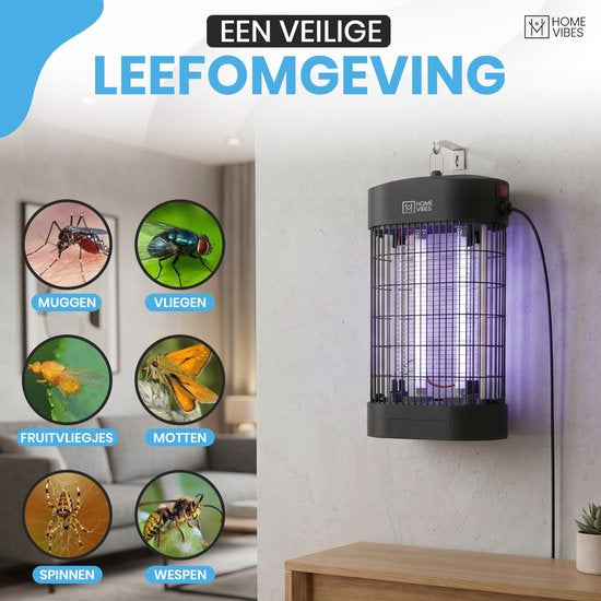 Home Vibes® Muggenlamp – 2500V - Elektrische Insectenlamp 50m² – Speciaal voor Binnen – Met Opvangbak – Moderne Vliegenlamp – Vliegenvanger - Ophangbaar - 9W – Aan/Uit Knop - Zwart