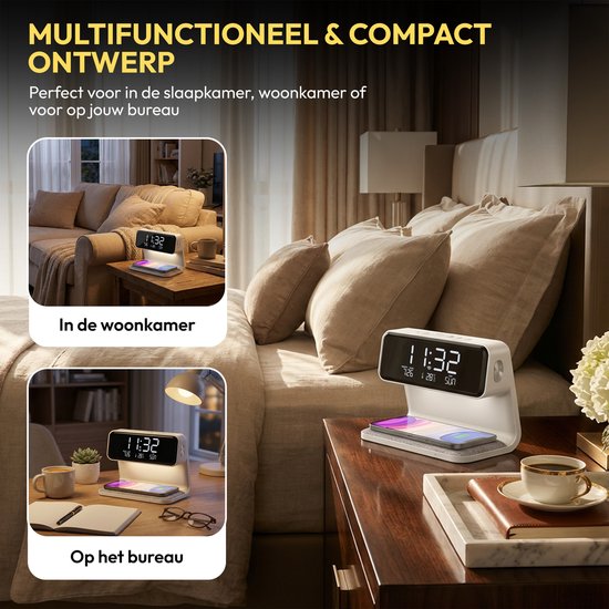 Home Vibes® Digitale Wekker - Met Draadloze Oplader – Nachtlamp Functie – Dimbaar LCD Display