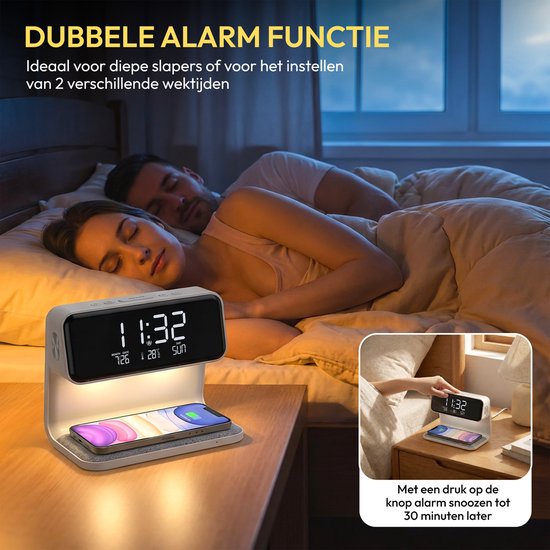 Home Vibes® Digitale Wekker - Met Draadloze Oplader – Nachtlamp Functie – Dimbaar LCD Display