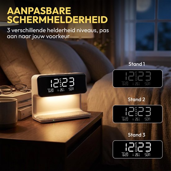 Home Vibes® Digitale Wekker - Met Draadloze Oplader – Nachtlamp Functie – Dimbaar LCD Display