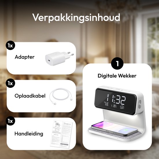 Home Vibes® Digitale Wekker - Met Draadloze Oplader – Nachtlamp Functie – Dimbaar LCD Display