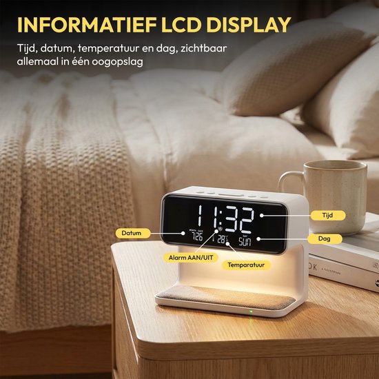 Home Vibes® Digitale Wekker - Met Draadloze Oplader – Nachtlamp Functie – Dimbaar LCD Display